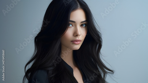 Gorgeous young woman with wavy black hair in a grey background for haircare and beauty. Copy space