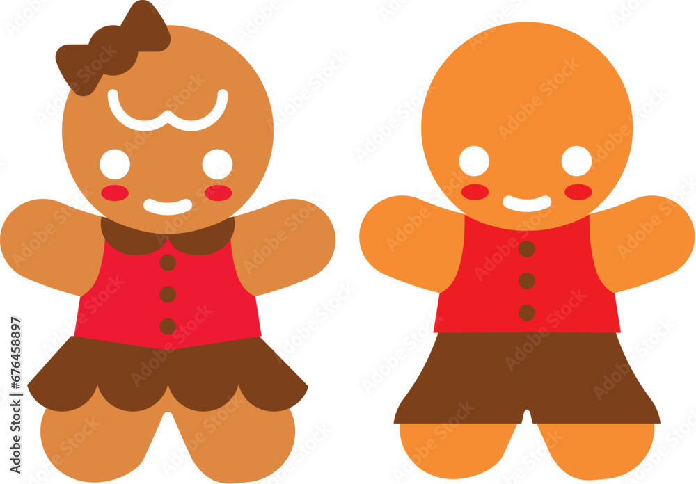 Gingerbread cookie couple, gingerbread man and woman together as a pair wearing outfits with buttons Gingerbread cookie couple, gingerbread man and woman together as a pair wearing outfits with buttons