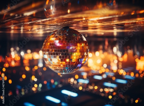 Shimmering gold disco ball on the dance floor ceiling. Colorful concert music stage with neon lights of the 70s disco era for concert illuminated by spotlights. Reflecting ball for entertainment party