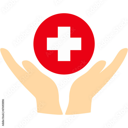 hands holding red cross, white plus in red circle, medical healthcare, help symbol, flat design, isolate on white background, medical vector illustration