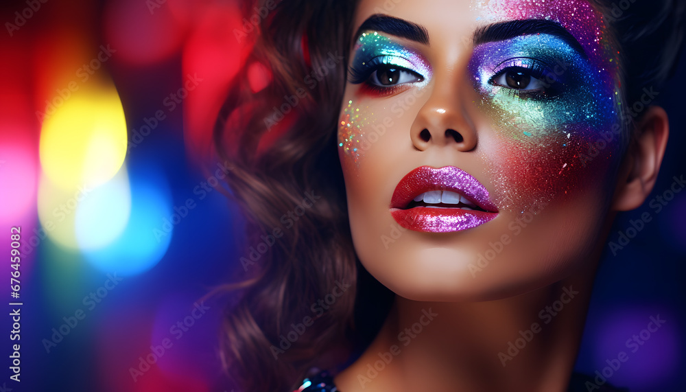 Closeup of a beautiful woman with colorful glitter in her face, lgbt makeup for pride month. Copy space