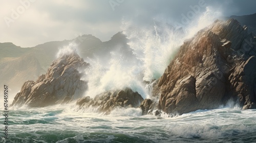  a large body of water next to a rocky shore with waves crashing against the rocks and a bird flying over it.  generative ai