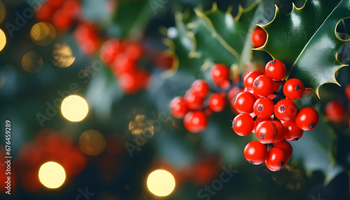 Background of christmas Holly in a tree. Copy space. Empty space for text. Holiday's concept