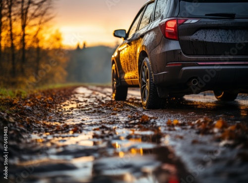 Close-up of a modern big suv on a wet road in the autumn with fallen leaves and puddles. Car on asphalt roadway in the rays of the setting sun.