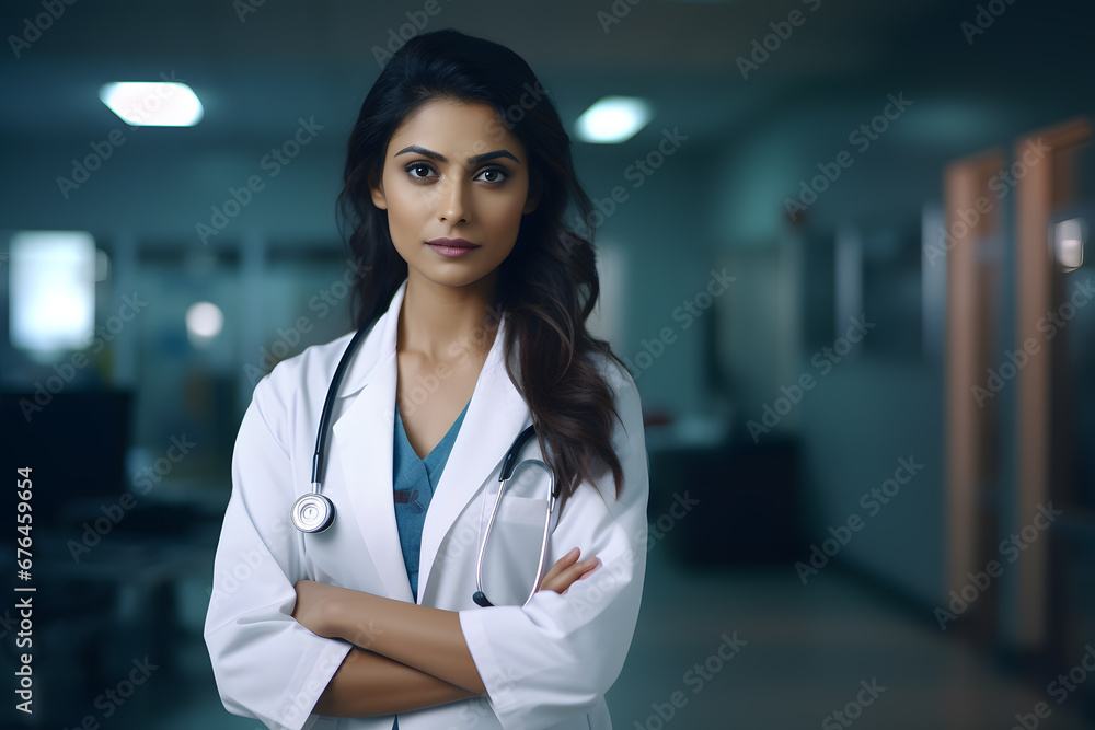 Portrait of a beautiful young female indian doctor in a hospital with ...