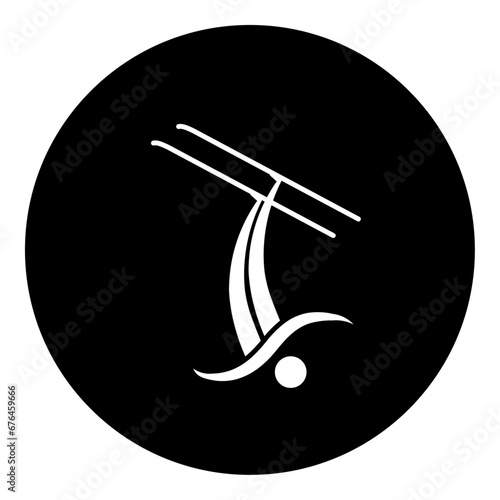 A freestyle skiing symbol in the center. Isolated white symbol in black circle. Vector illustration on white background