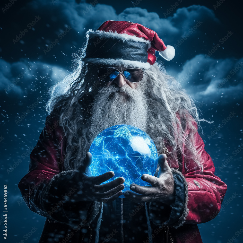 Santa Claus with sunglasses holding a blue magic crystal ball that