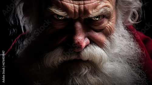 intense close-up of an angry Santa Claus with dark, blood in the nose, generative AI