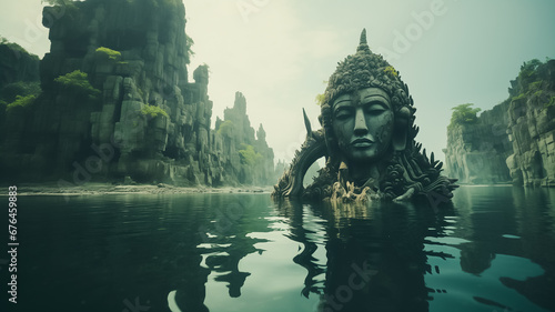lost temple sunk under water, mystical sacred place in ruins, generative AI