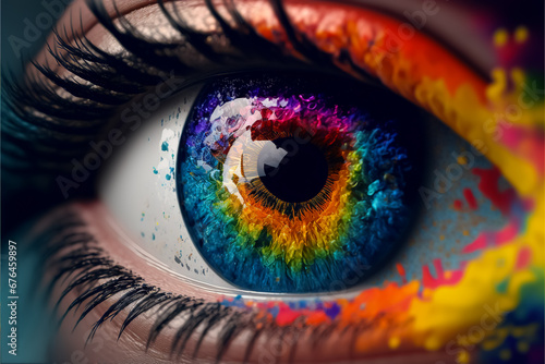 close up of multicolored eye, rainbow look, creativity, inspiration,generative AI