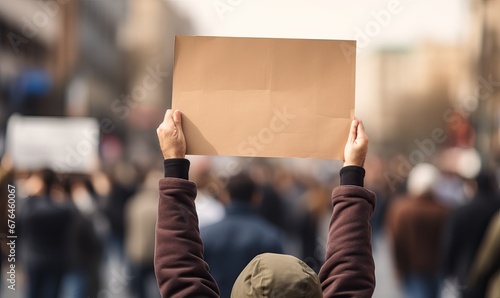 Protestors on the street holding blank cardboard banner sign. Global strike for change, A political activist protesting holding a blank placard sign banner at a protest, crowd on the street photo