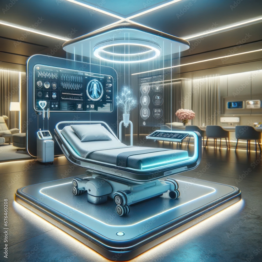 A smart medical bed with holographic displays and diagnostics equipment in a futuristic setup