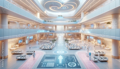 Expansive futuristic hospital lobby with interactive displays and robot at the information desk