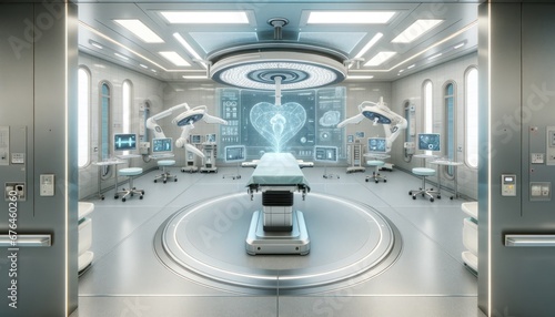 High-tech surgical room equipped with robotic arms, holographic displays, and advanced medical tools photo