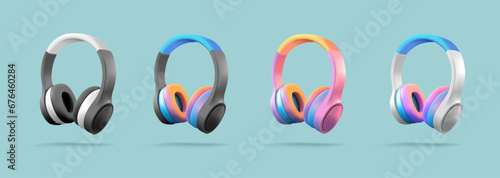 Set of colored 3D headphones. Modern wireless portable gadget for listening to music, and audiobooks. For advertising design. photo