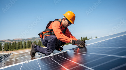 A properly equipped solar panel installer is working on putting solar panels on a house.