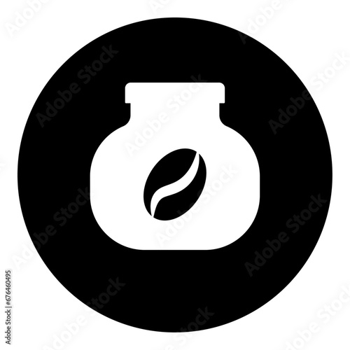 A instant coffee symbol in the center. Isolated white symbol in black circle. Vector illustration on white background