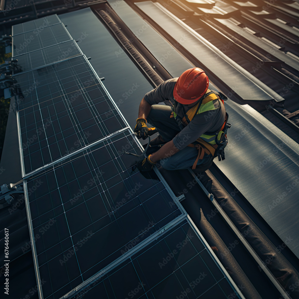A worker installing solar panels on the roof of a house.