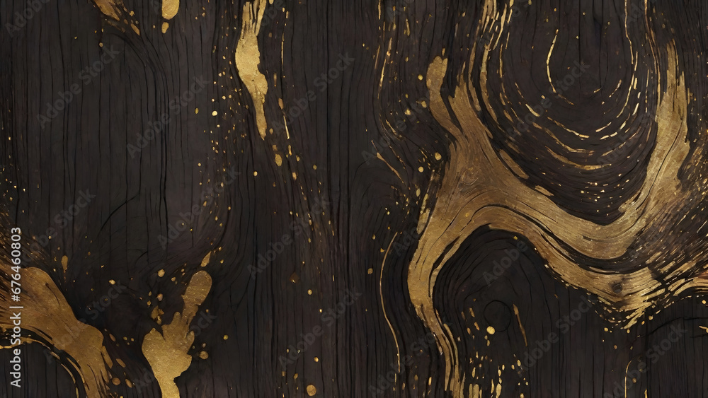 Dark wood with golden ink texture background - obrazy, fototapety, plakaty 