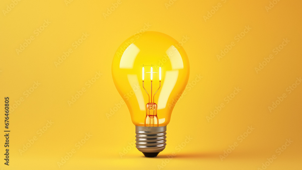 A brightly illuminated, glowing light bulb in yellow A brightly illuminated, glowing light bulb in yellow