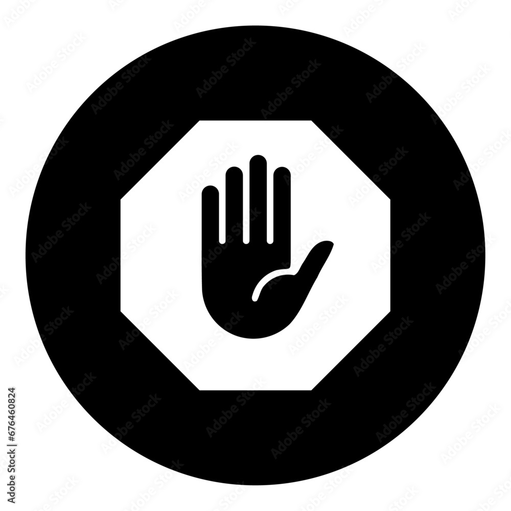 Obraz premium A stop hand symbol in the center. Isolated white symbol in black circle. Vector illustration on white background