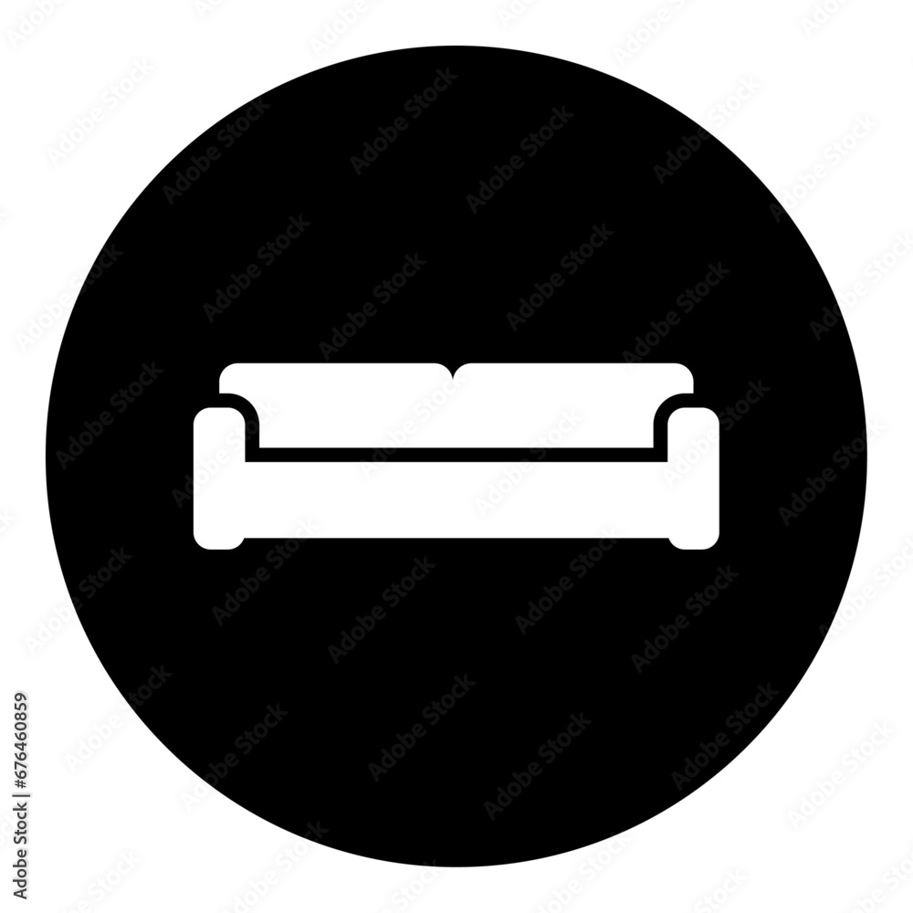 A sofa symbol in the center. Isolated white symbol in black circle. Vector illustration on white background A sofa symbol in the center. Isolated white symbol in black circle. Vector illustration on white background