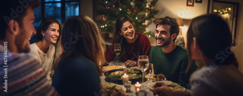 Festive gathering: Friends and family enjoying christmas dinner at home