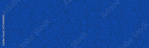 Blue Christmas banner with snowflakes and stars. Merry Christmas and Happy New Year greeting banner. Horizontal new year background, headers, posters, cards, website. Vector illustration