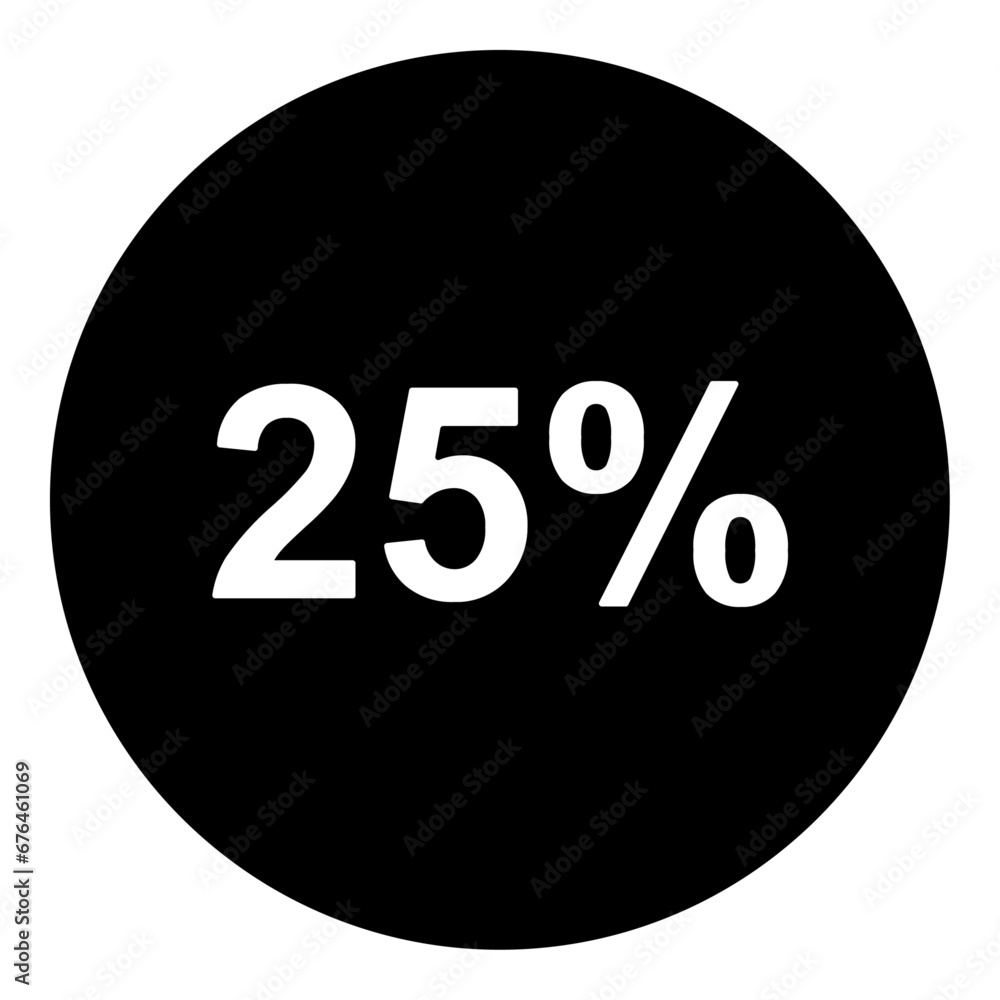 A 25 percent symbol in the center. Isolated white symbol in black circle. Vector illustration on white background A 25 percent symbol in the center. Isolated white symbol in black circle. Vector illustration on white background