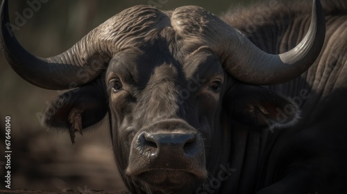 Close-up portrait of buffalo in South Africa ; Specie Syncerus caffer family of Bovidae. Wildlife Concept with Copy Space. photo