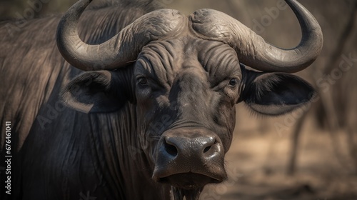 Close-up portrait of Cape buffalo. Wildlife Concept with Copy Space.