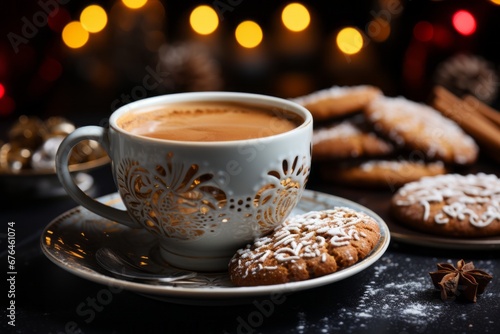 Christmas coffee cup and gingerbread cookies. Festive cozy image.