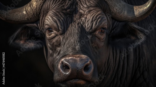 Portrait of a buffalo. Close-up. Black background. Wildlife Concept with Copy Space.