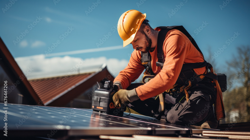 Solar panel operator doing an installation on a roof. Solar panel operator doing an installation on a roof.