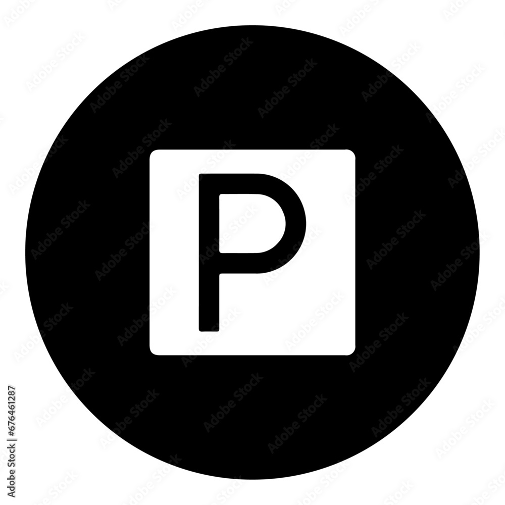 A road parking sign in the center. Isolated white symbol in black circle. Vector illustration on white background A road parking sign in the center. Isolated white symbol in black circle. Vector illustration on white background