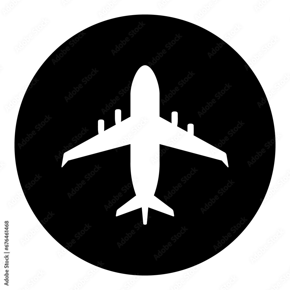 A airplane symbol in the center. Isolated white symbol in black circle. Illustration on transparent background A airplane symbol in the center. Isolated white symbol in black circle. Illustration on transparent background