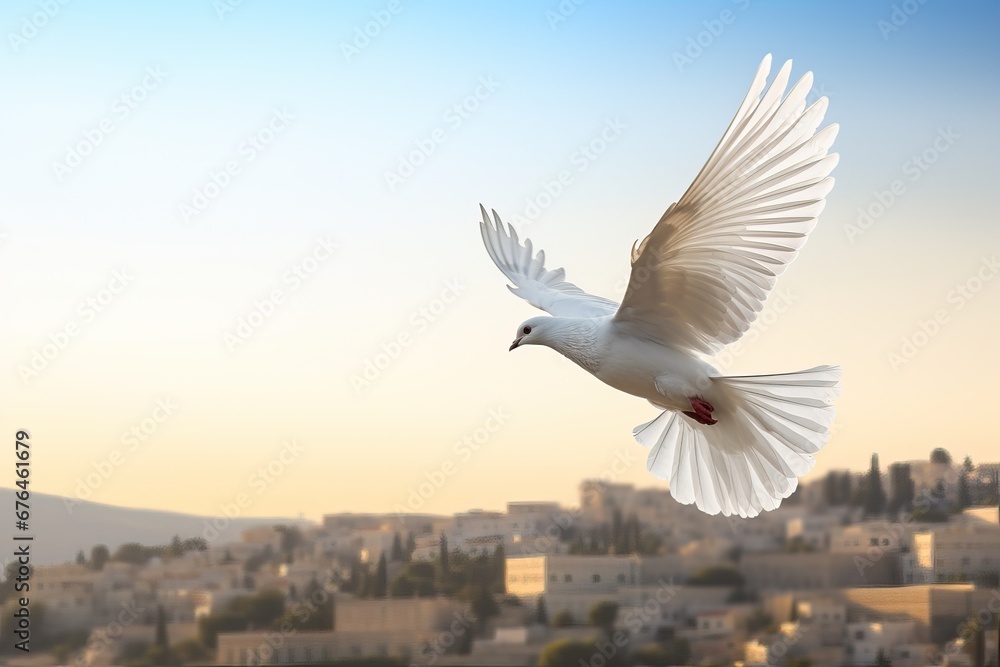 Obraz premium Spirit of god background banner panorama - White dove with wings wide open in the blue sky air with clouds and sunbeams