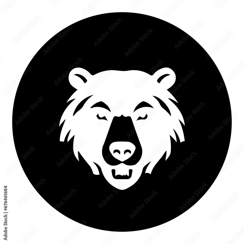 A bear head symbol in the center. Isolated white symbol in black circle. Vector illustration on white background