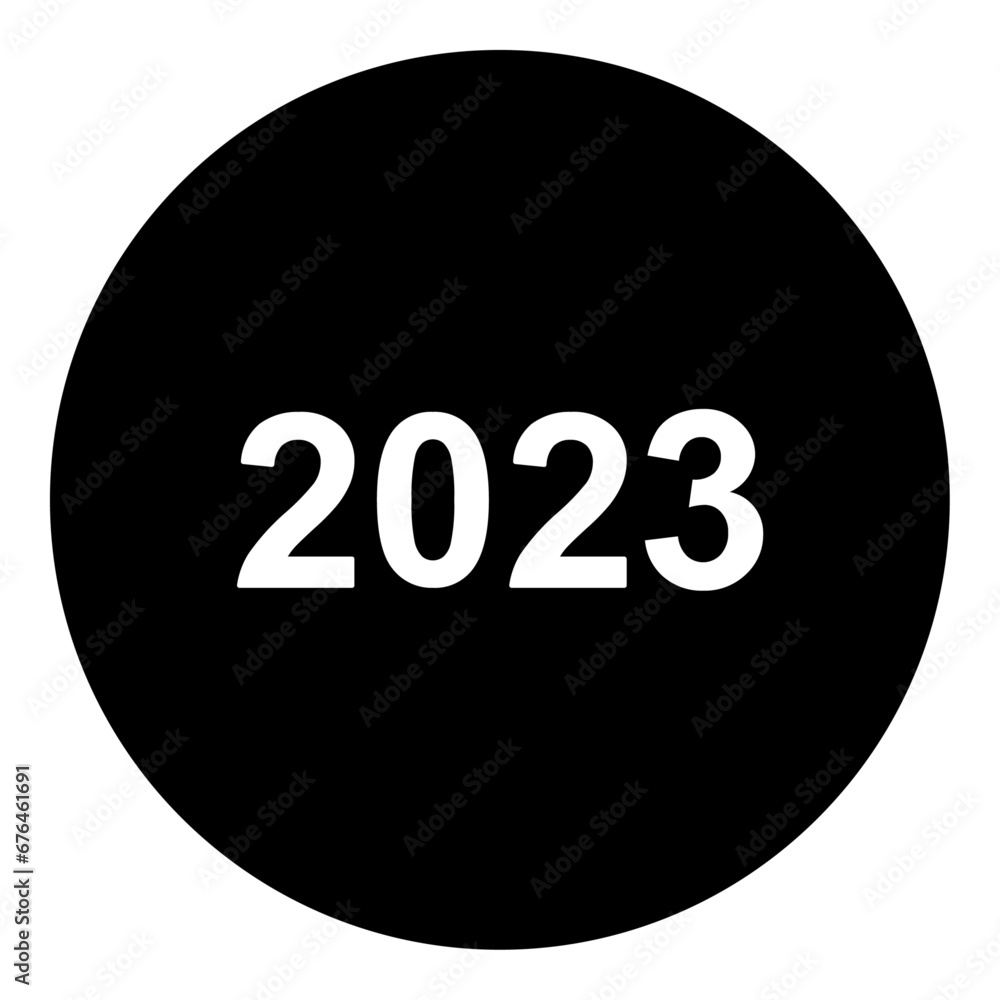 A 2023 year symbol in the center. Isolated white symbol in black circle. Vector illustration on white background A 2023 year symbol in the center. Isolated white symbol in black circle. Vector illustration on white background