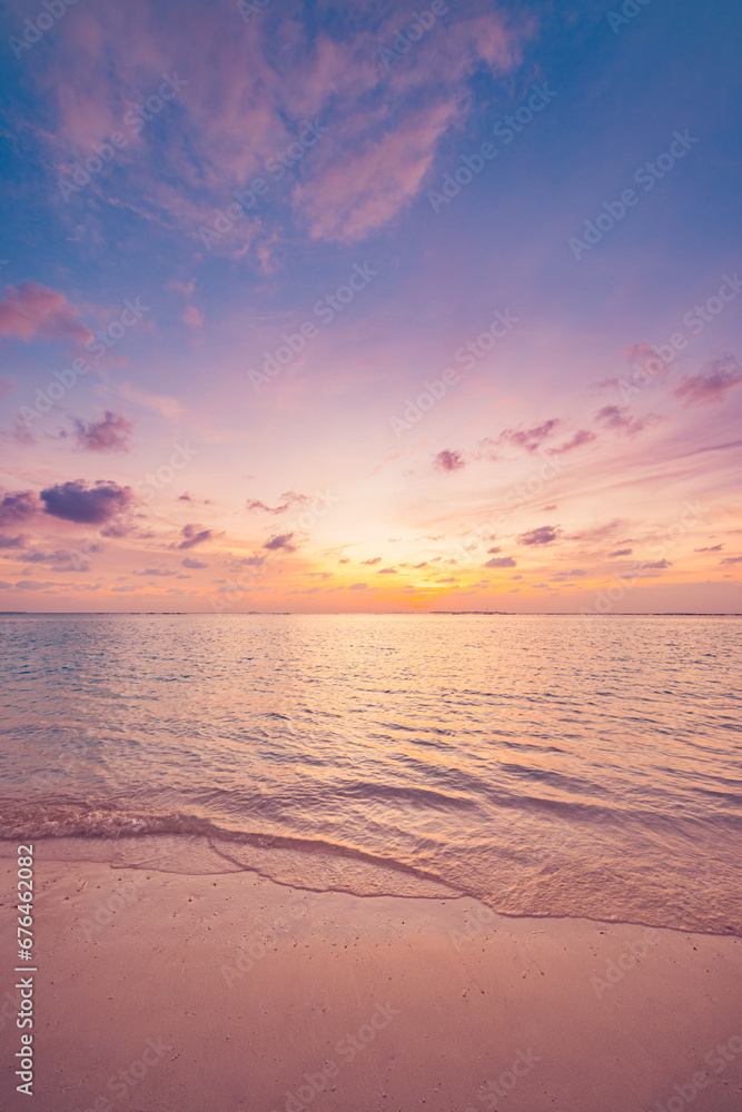 Fototapeta premium Closeup sea waves beach horizon. Panoramic beach landscape. Paradise tropical beach summer seascape. Colorful sunset sky, soft sand, calmness, tranquil relaxing sunlight. Inspire meditation vacation