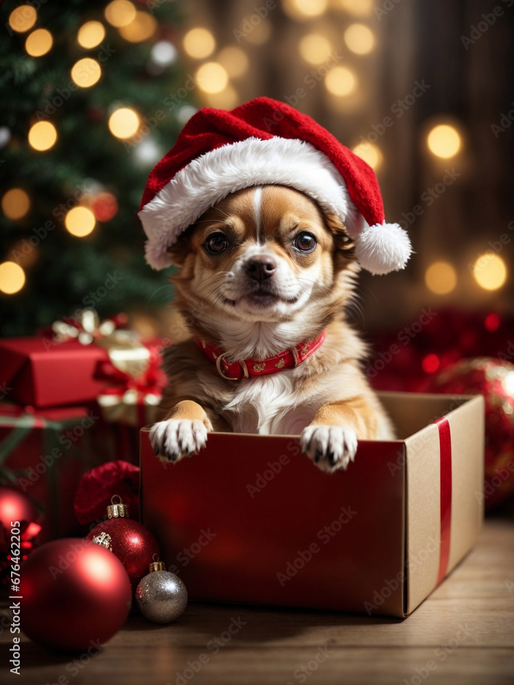 Cute puppy Chihuahua wearing Santa Claus red hat under the Christmas tree sits in the gift box.
