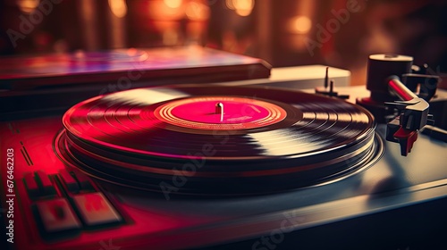 Close-up of a record player with a spinning vinyl and retro vibes