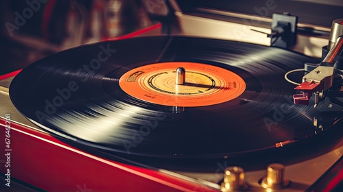 Close-up of a record player with a spinning vinyl and retro vibes