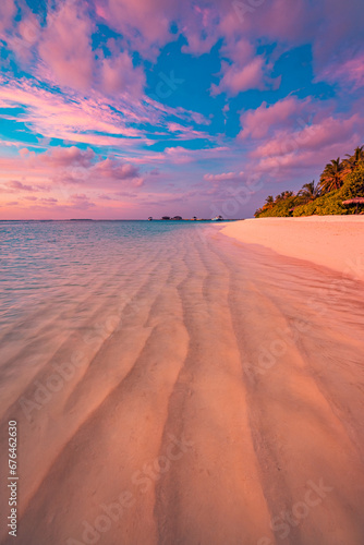 Island paradise palm tree sea sand beach. Panoramic amazing landscape. Inspire tropical beach seascape horizon. Colorful sunset sky calm tranquil relax summer mood. Vacation destination travel coast