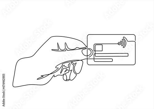 Continuous one line drawing of hand holding credit card. Contactless bank card in hand.