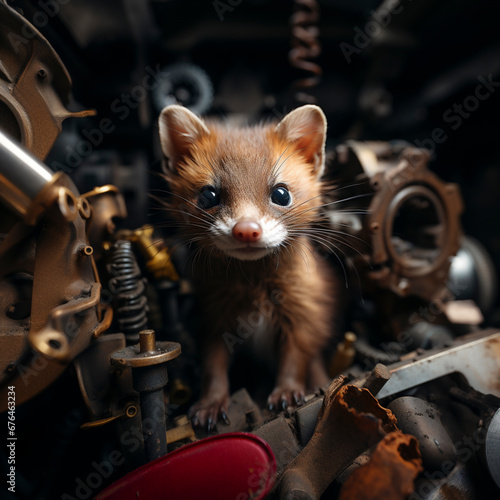 A marten gnaws on a cable in the engine compartment of a car, AI generated photo