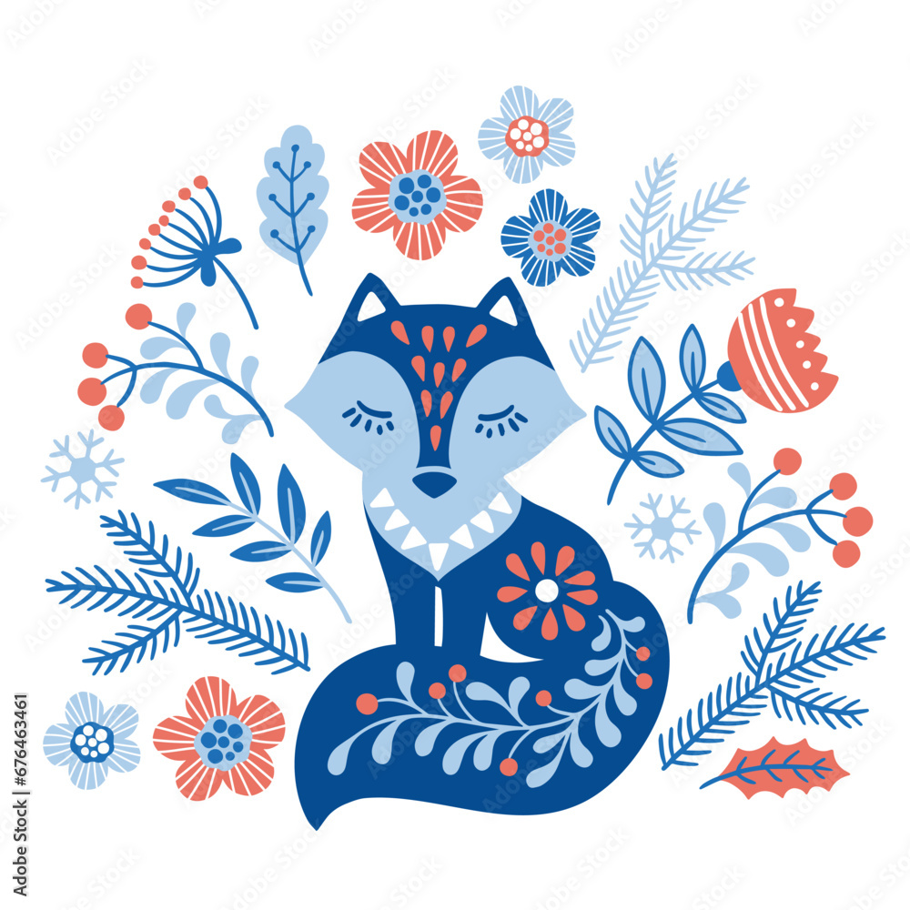 Vector hand drawn illustration of animals in Nordic style lagom. Silhouette of fox among flowers in Folk Scandinavian style Vector hand drawn illustration of animals in Nordic style lagom. Silhouette of fox among flowers in Folk Scandinavian style