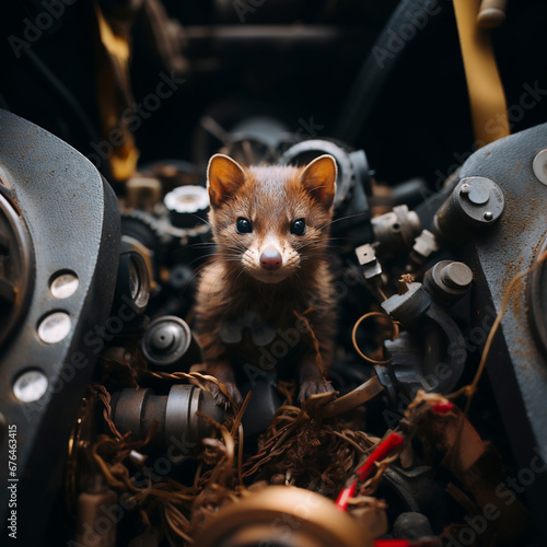 A marten gnaws on a cable in the engine compartment of a car, AI generated photo