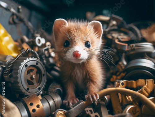 A marten gnaws on a cable in the engine compartment of a car, AI generated photo