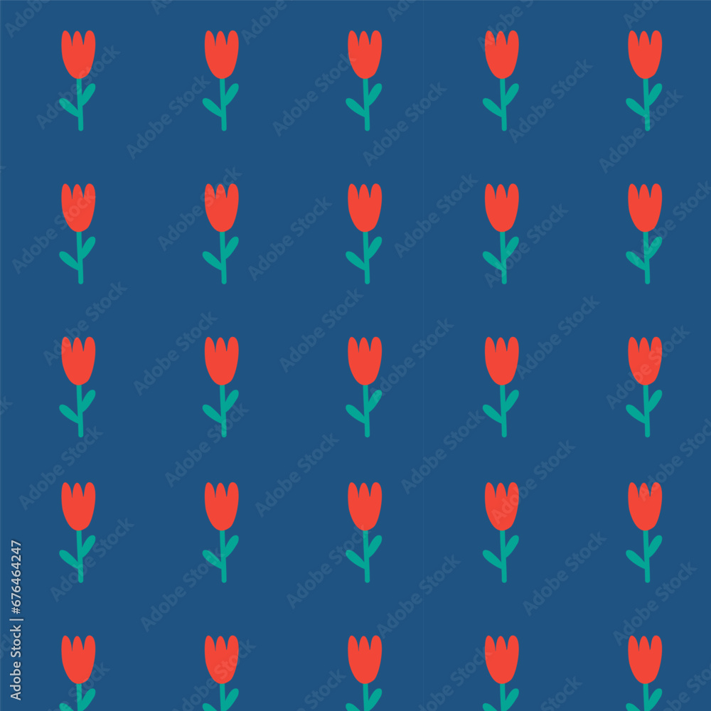 Red flowers isolated on blue background. Hand drawn tulip floral seamless pattern vector illustration.